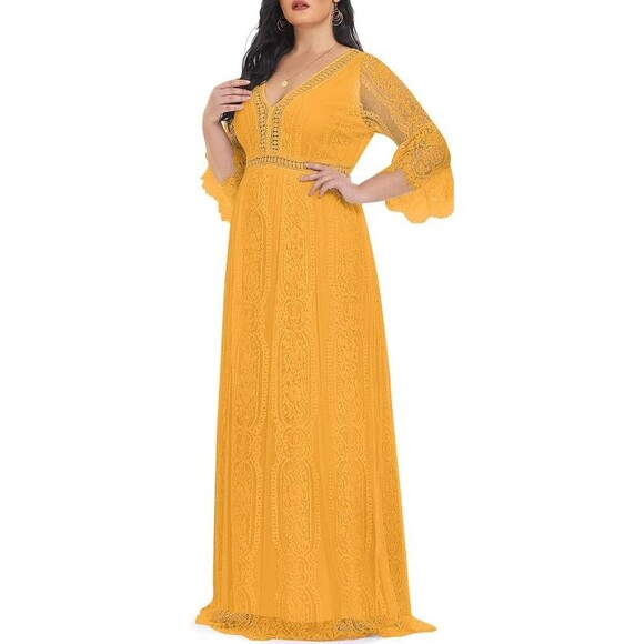 Womens Boho Maxi Floral Lace Boho Party Dress V Neck Flowy Long‎ Yellow Size 20 - Picture 4 of 16